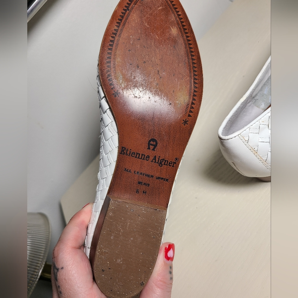 Etienne Aigner White Woven Leather Loafers Flats Size 6 - Picture 3 of 16